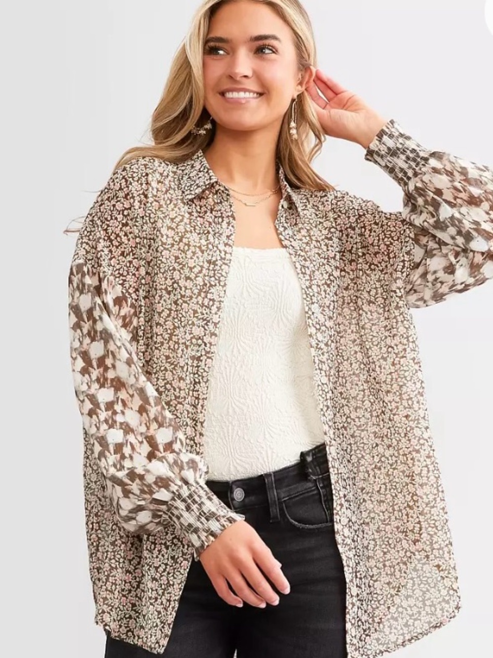 Buckle ACOA Floral Semi Sheer Button Down Blouse